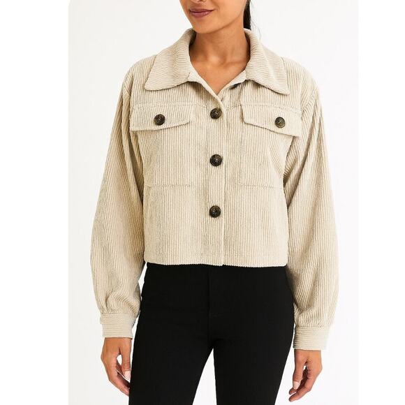Lightweight corduroy jacket beige tan cropped button up SZ M - Picture 1 of 7